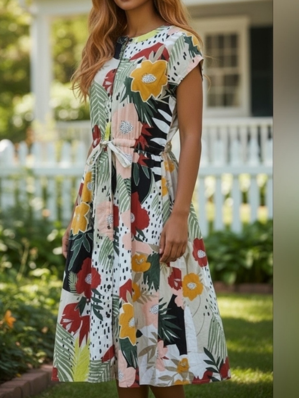 LOFT Tropical Midi Shirt Dress Size 4 Petite Tie Waist Cap Sleeve Multicolor